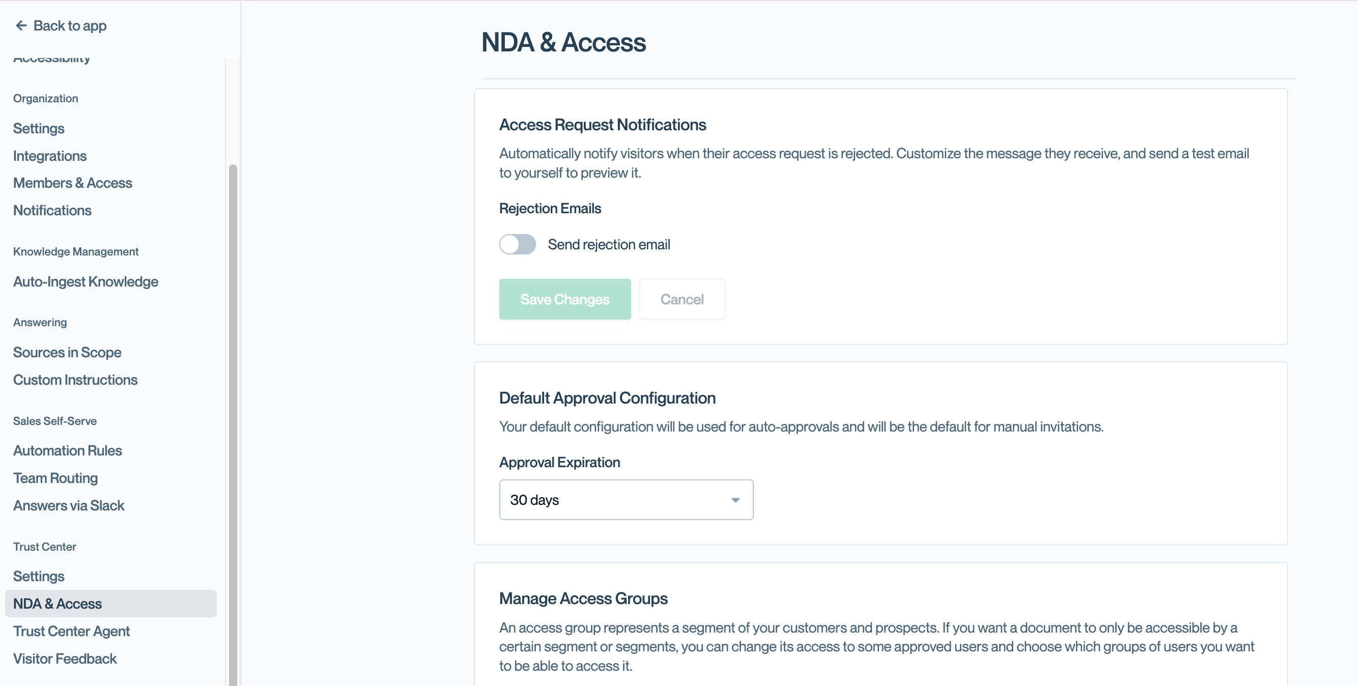 Access Request Notifications section of the NDA & Access settings page with the Send rejection email toggle switched off, showing only the toggle, Save Changes, and Cancel buttons.