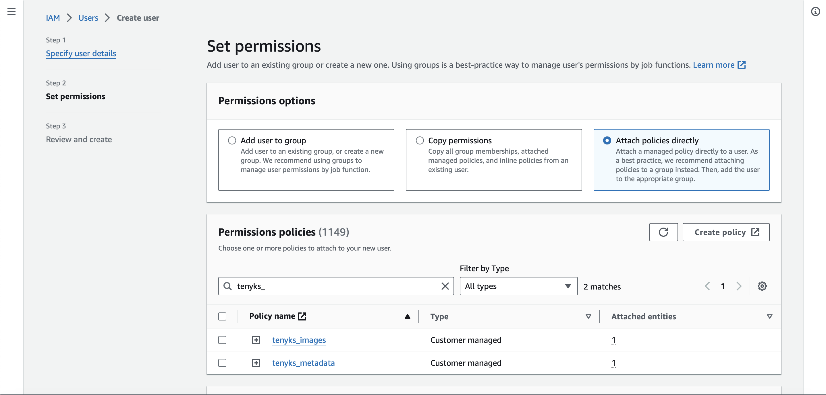 Figure 8. Permission policies to be attached to the new User