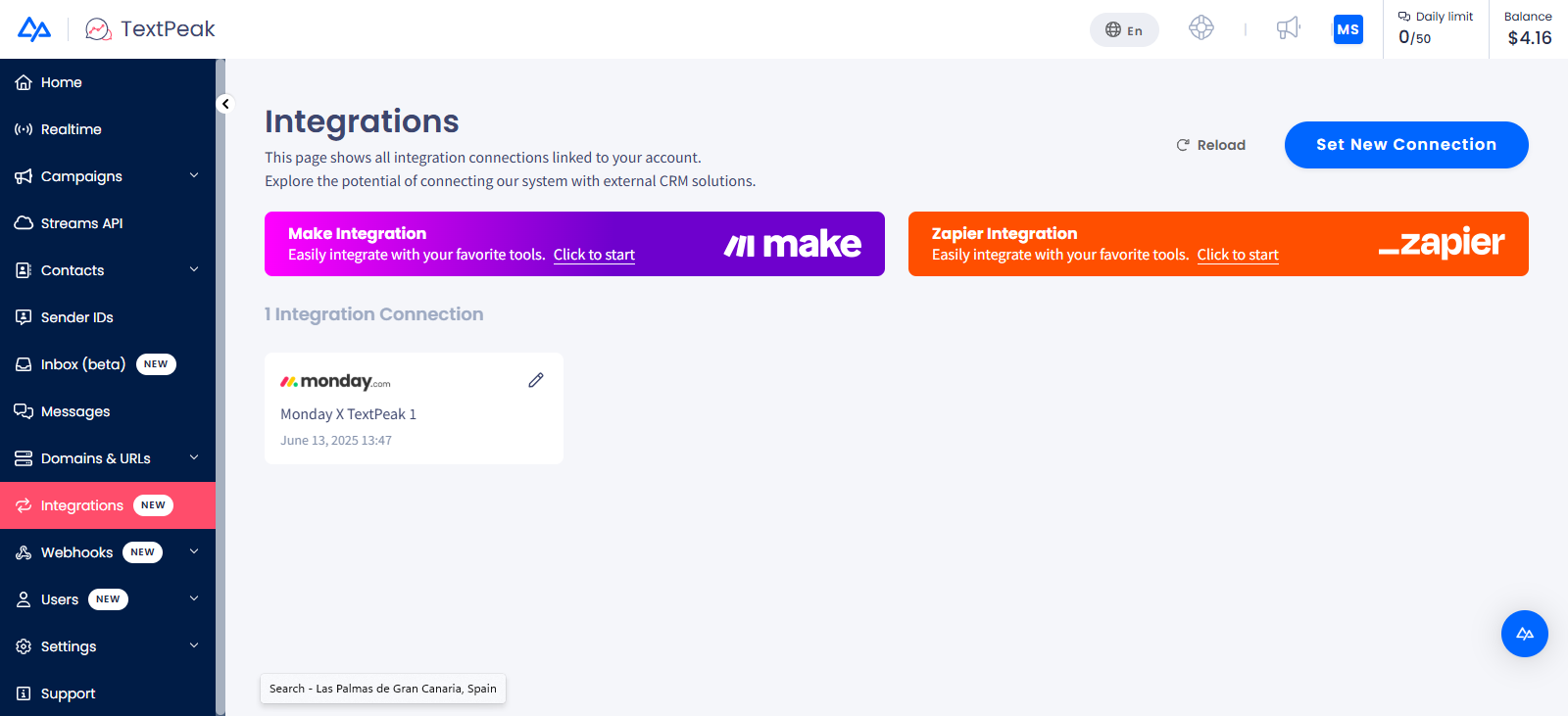 Screenshot of the Integrations menu tab
