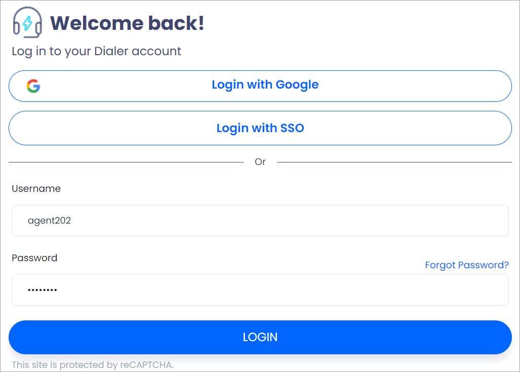 Screenshot of the Dialer login window