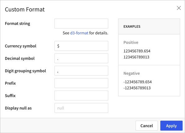 Custom number format options, with options to specify a format string, currency symbol, decimal symbol, digit grouping symbol, digit grouping size, prefix, suffix, and display null as.