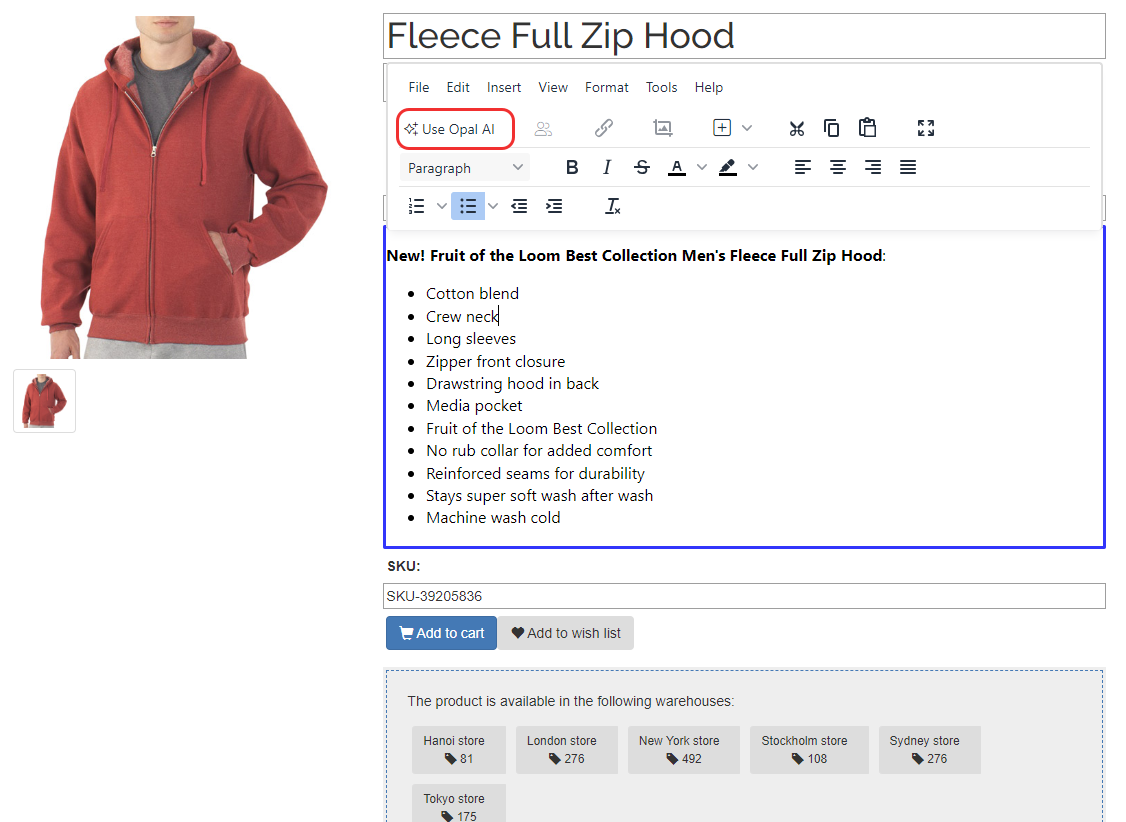 Screenshot of the Use Opal AI option in CMS Edit for generating product property text.