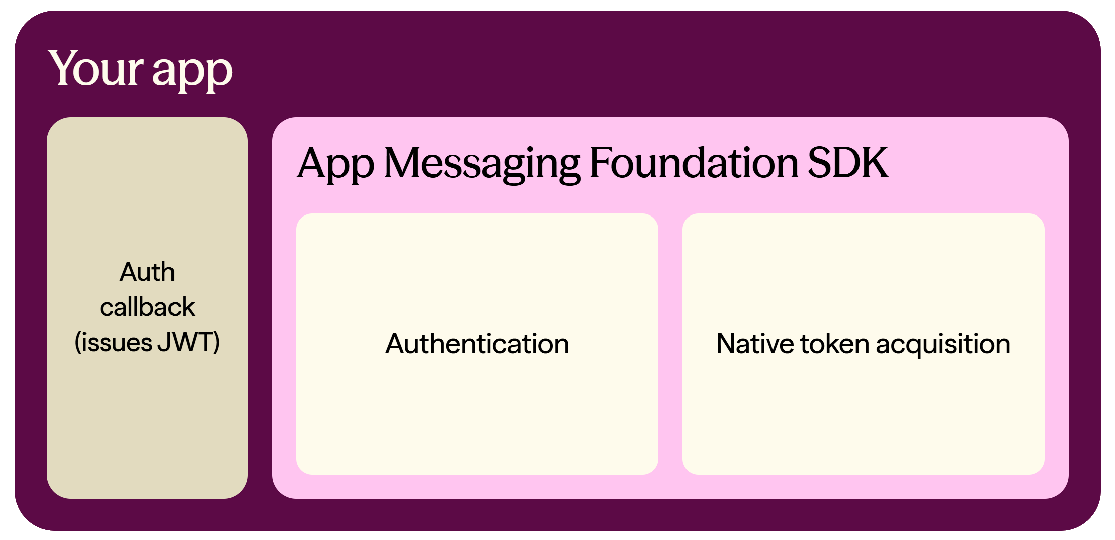 Diagram: the App Messaging SDK in your app sends a JWT, the push token, and the user's email address to Dotdigital Marketing, which then sends push messages back to the app through APNS and FCM.