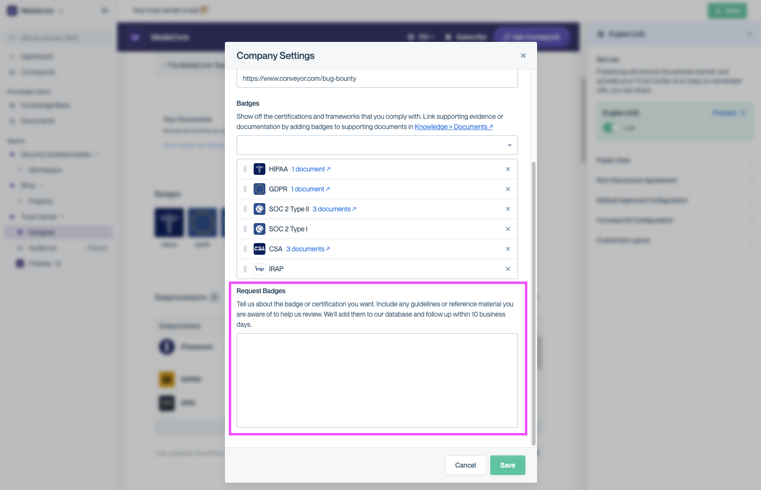 Company Settings modal showing the Badges section with a “Request a new badge” link at the bottom.