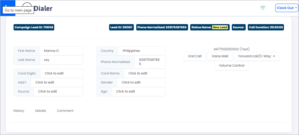 Screenshot of the Predictive Dialer page