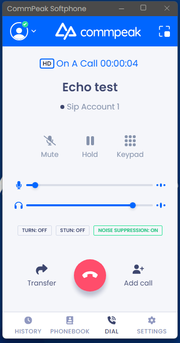 Screenshot  of the active call in full mode with the indicators highlighted