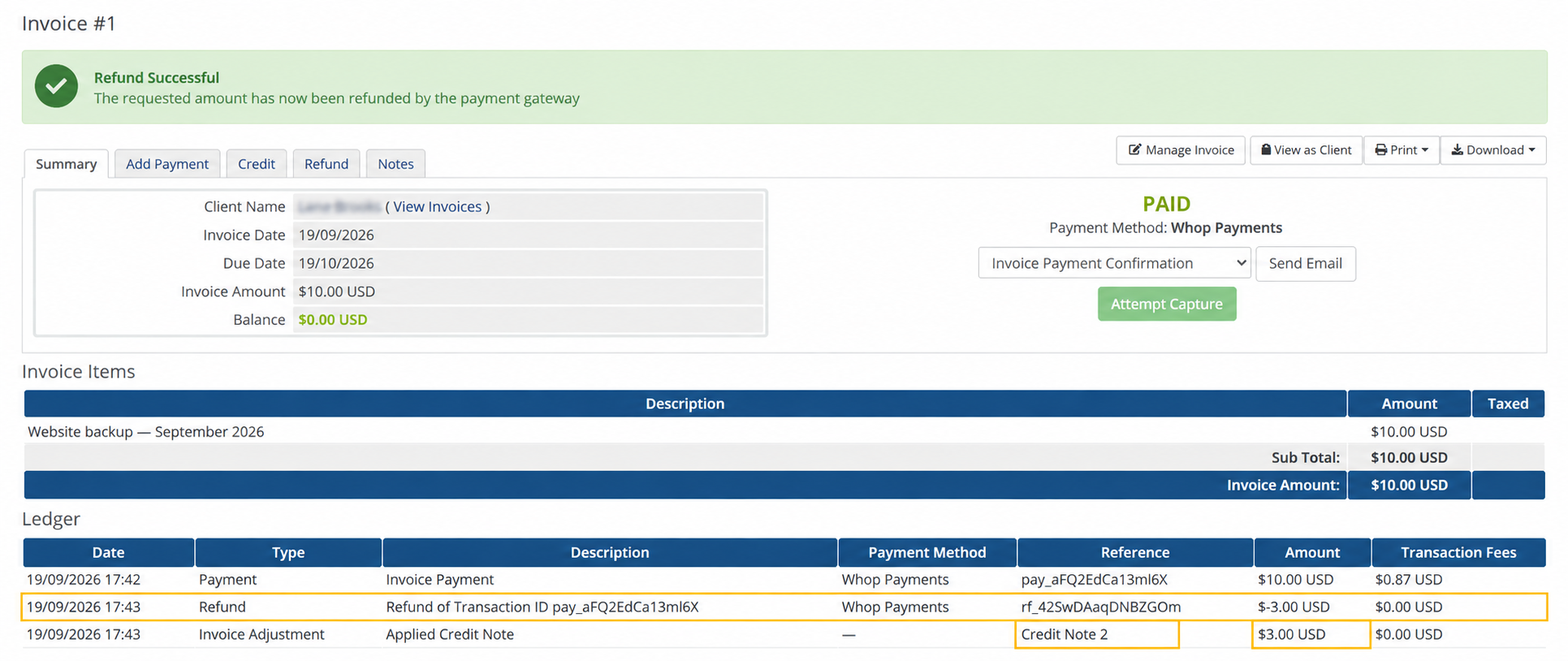 Partial refund in the invoice ledger