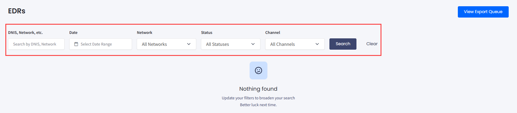 Screenshot with EDRs search filters