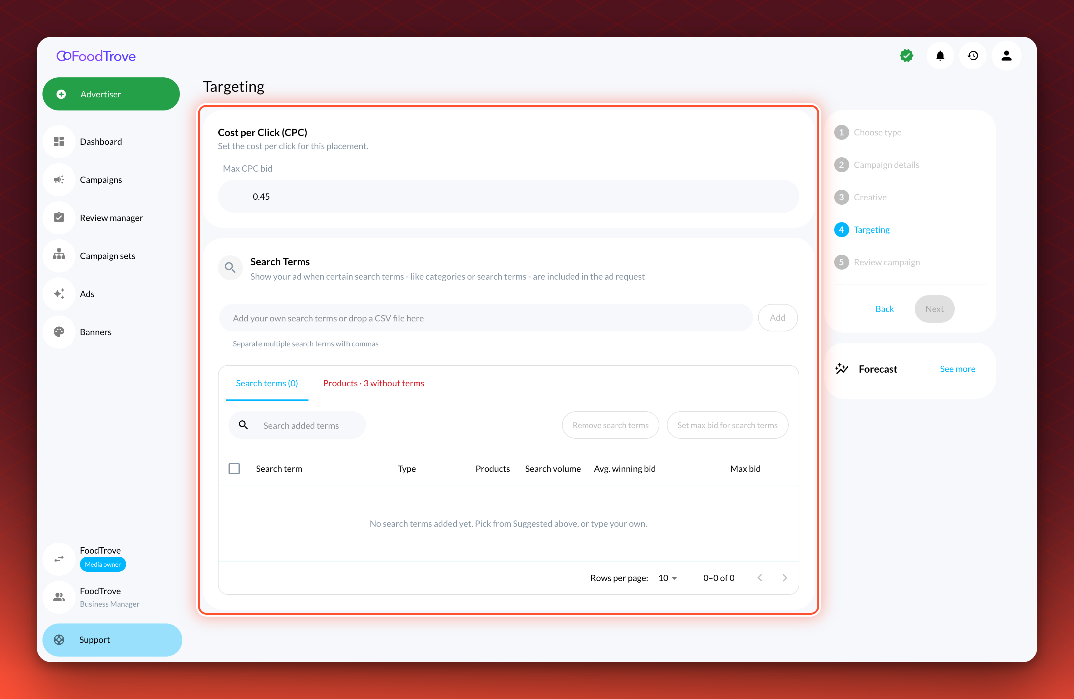 The FoodTrove Console Targeting step on a Search results placement. A Max CPC bid and a Search Terms section appear, and there is no Categories section.