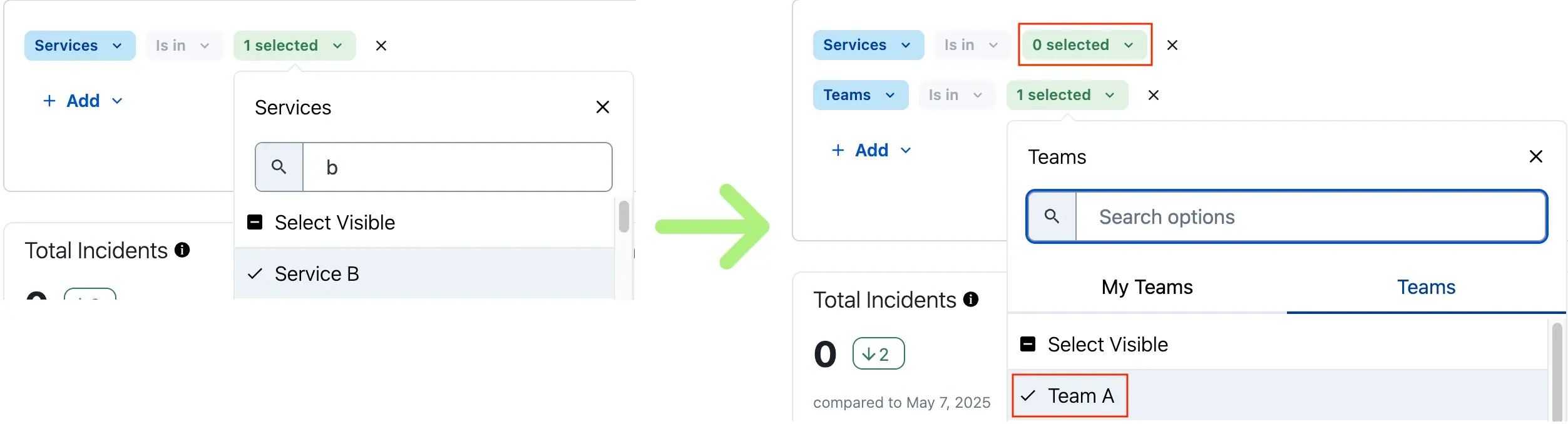 Example of service filter removed by team selection