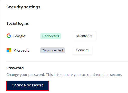 Screenshot of the Password section with the Change password button