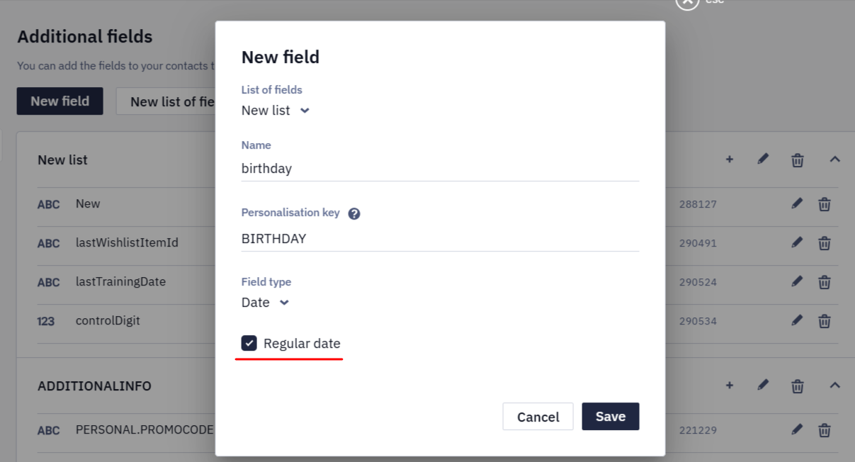 Date field settings with Regular date option for dynamic segments