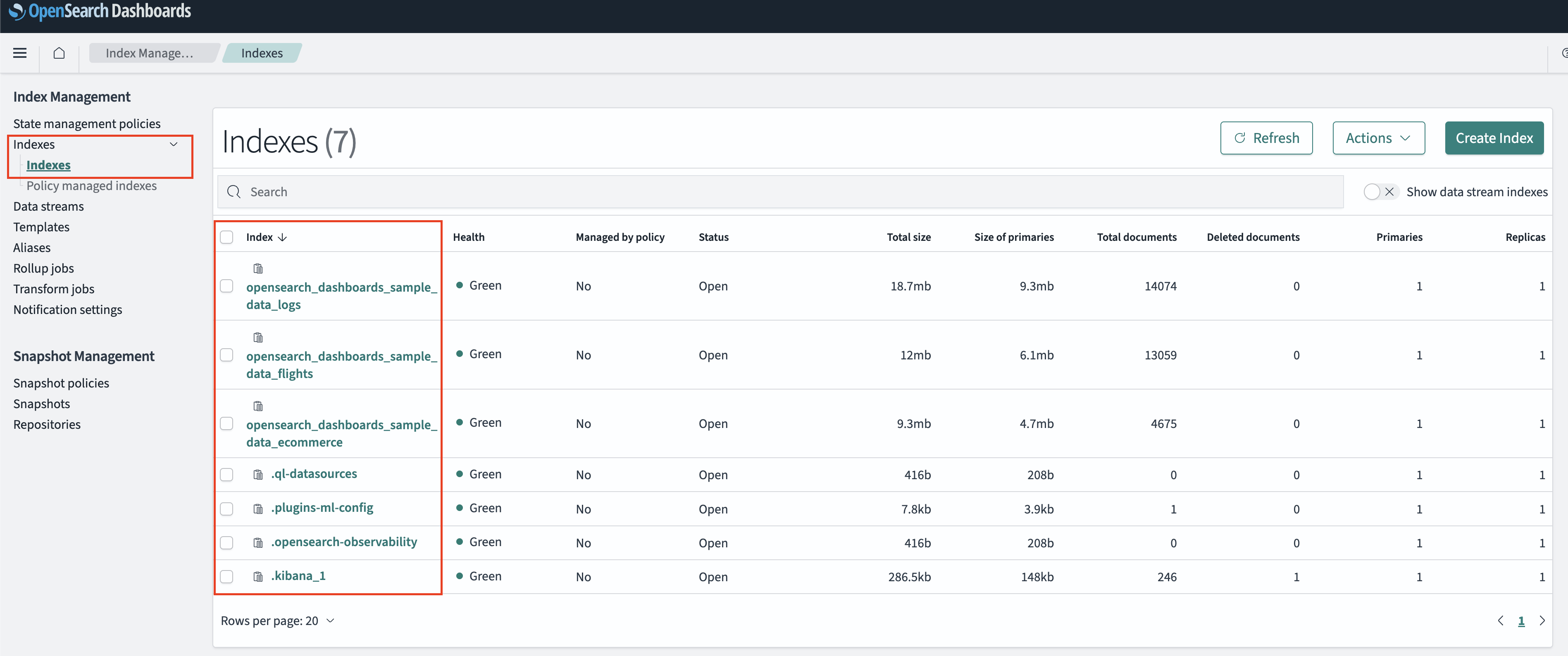 FIG. 4 - Retrieving Index names from the Indexes section of the Index Management settings console