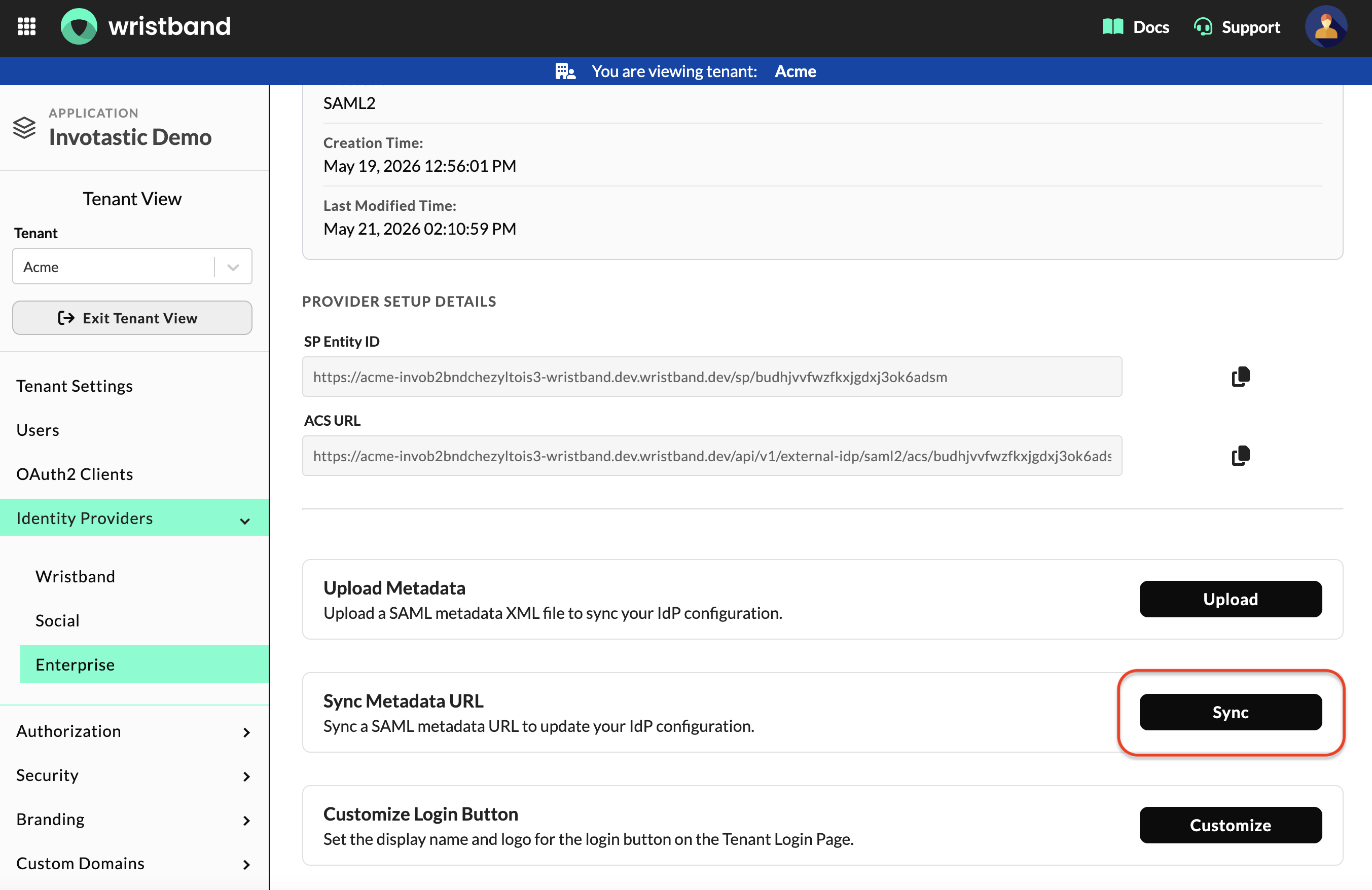 Wristband: Edit Custom IdP Page showing the Sync Metadata URL modal button