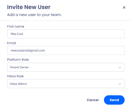 Screenshot of the dialog to invite a new team user, which highlights the 'First name', 'Email', and 'Platform Role' input fields and the 'Send' and 'Cancel' buttons.