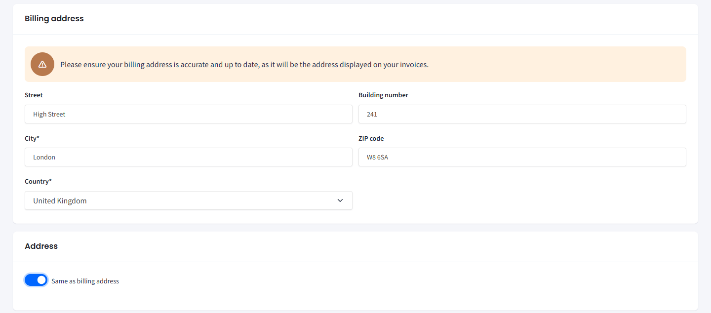 Screenshot of the Address section