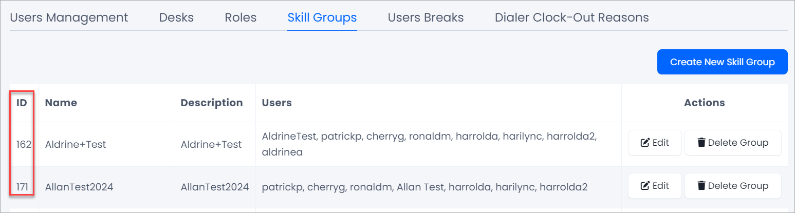 Screenshot of the Skill Groups tab in Users Management
