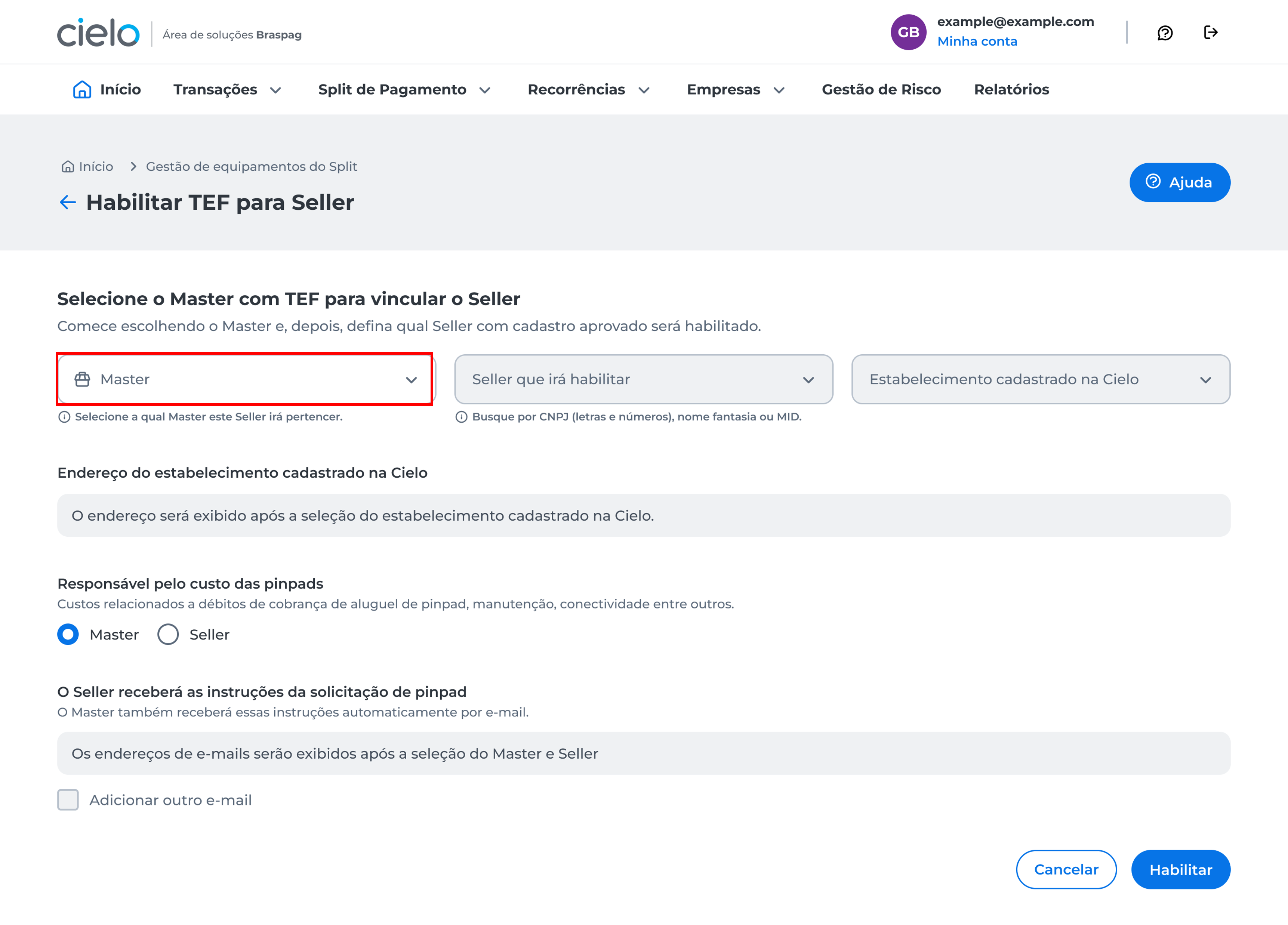 3. Selecione a qual **Master** esse Seller irá pertencer