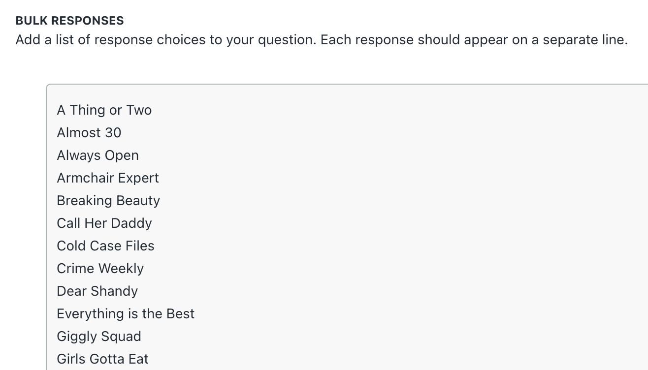 Response options for auto suggest question