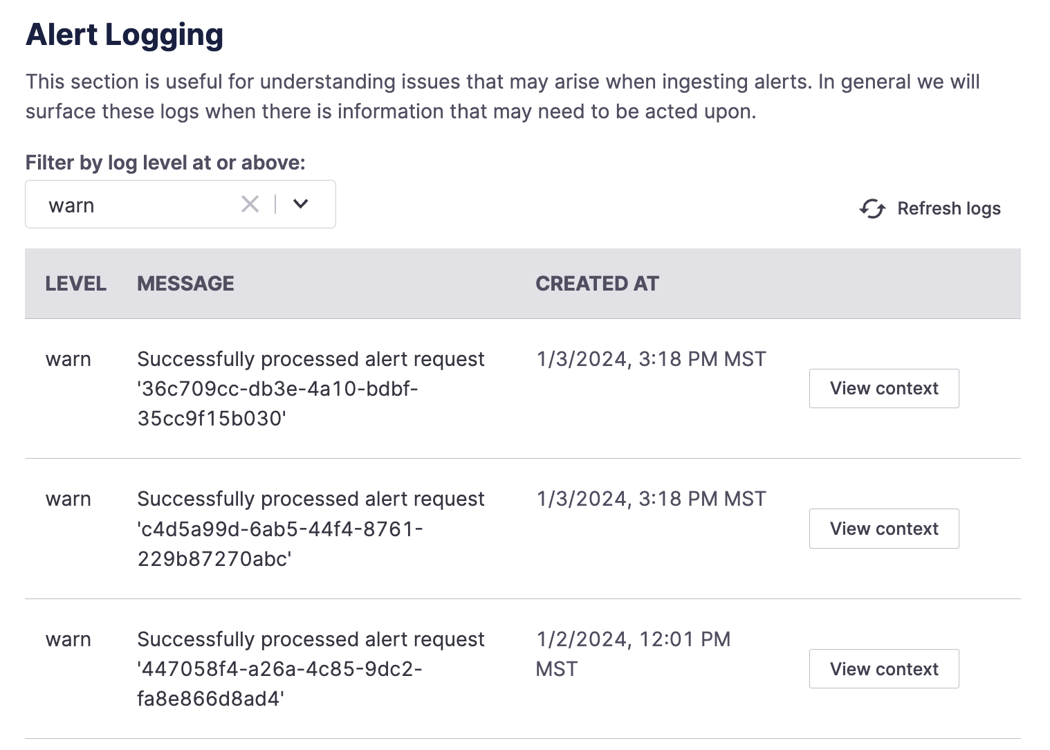 Example alert logs