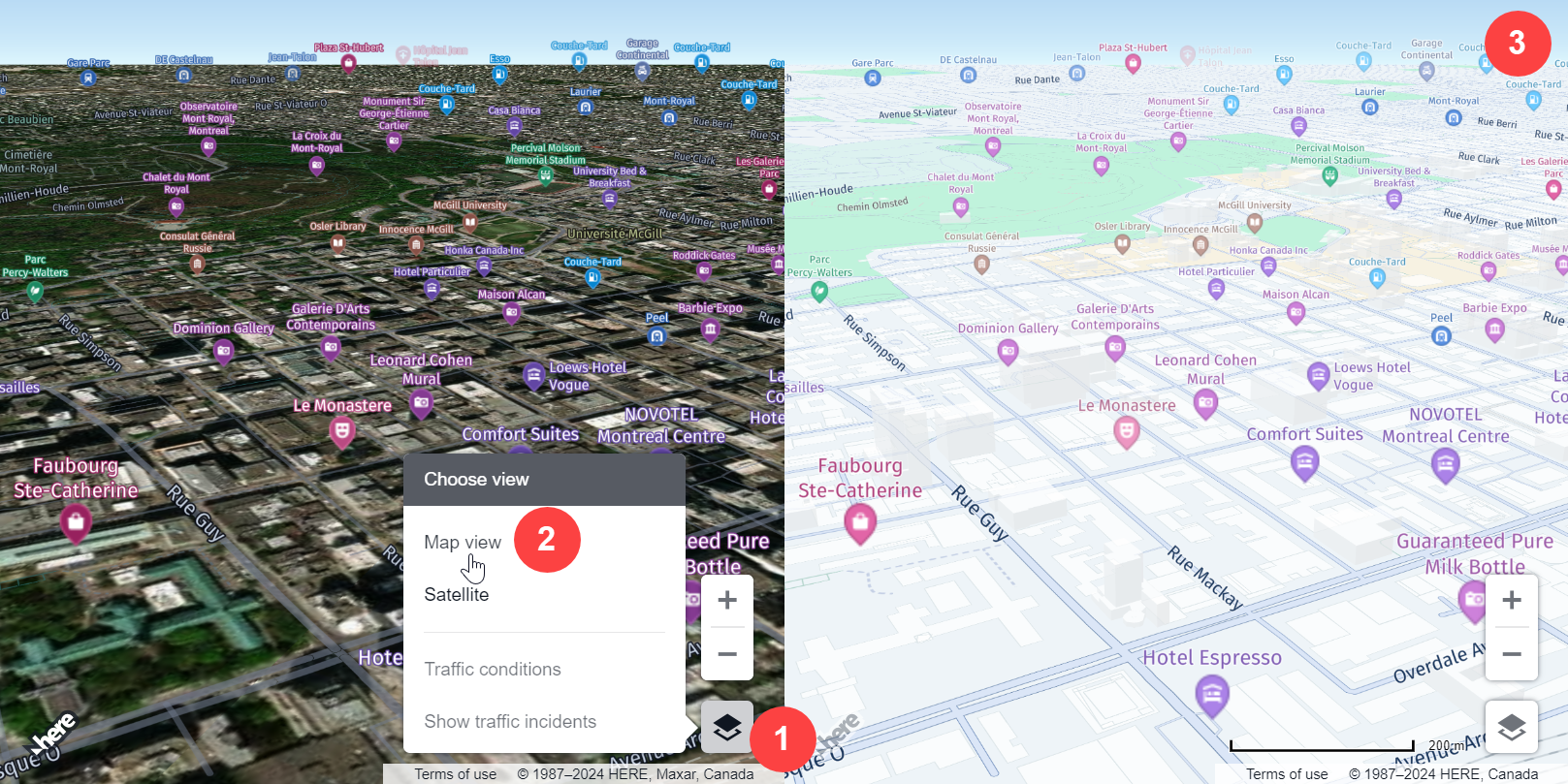 Interactive UI elements provided by the HERE Maps API for JavaScript