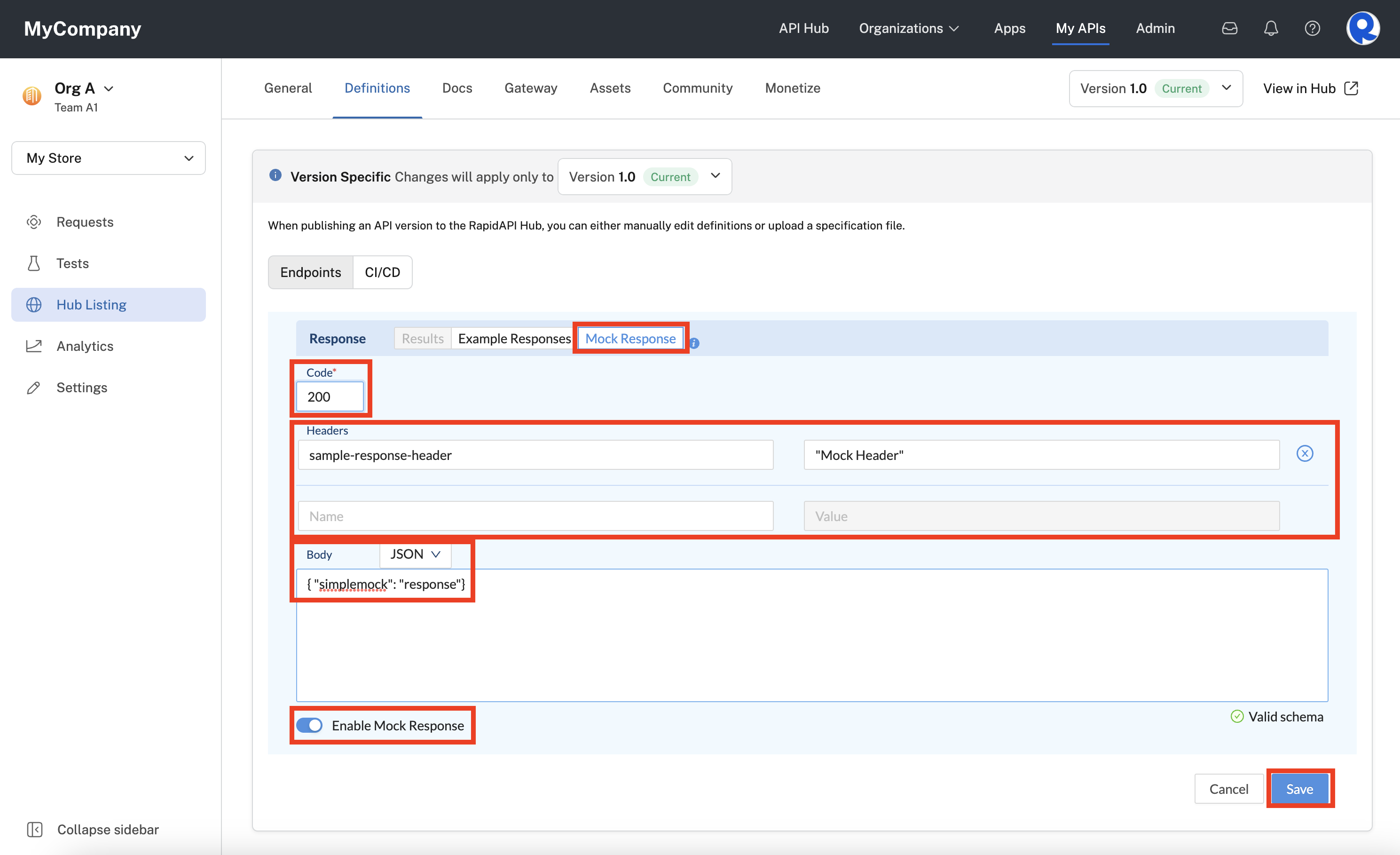 Enabling a simple mock response for an endpoint.