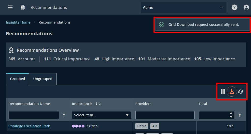 Recommendations page in Identity Security Insights highlighting download option.