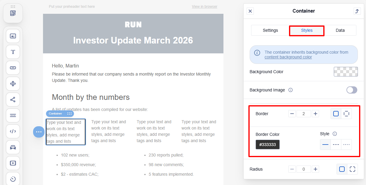 Setting container border