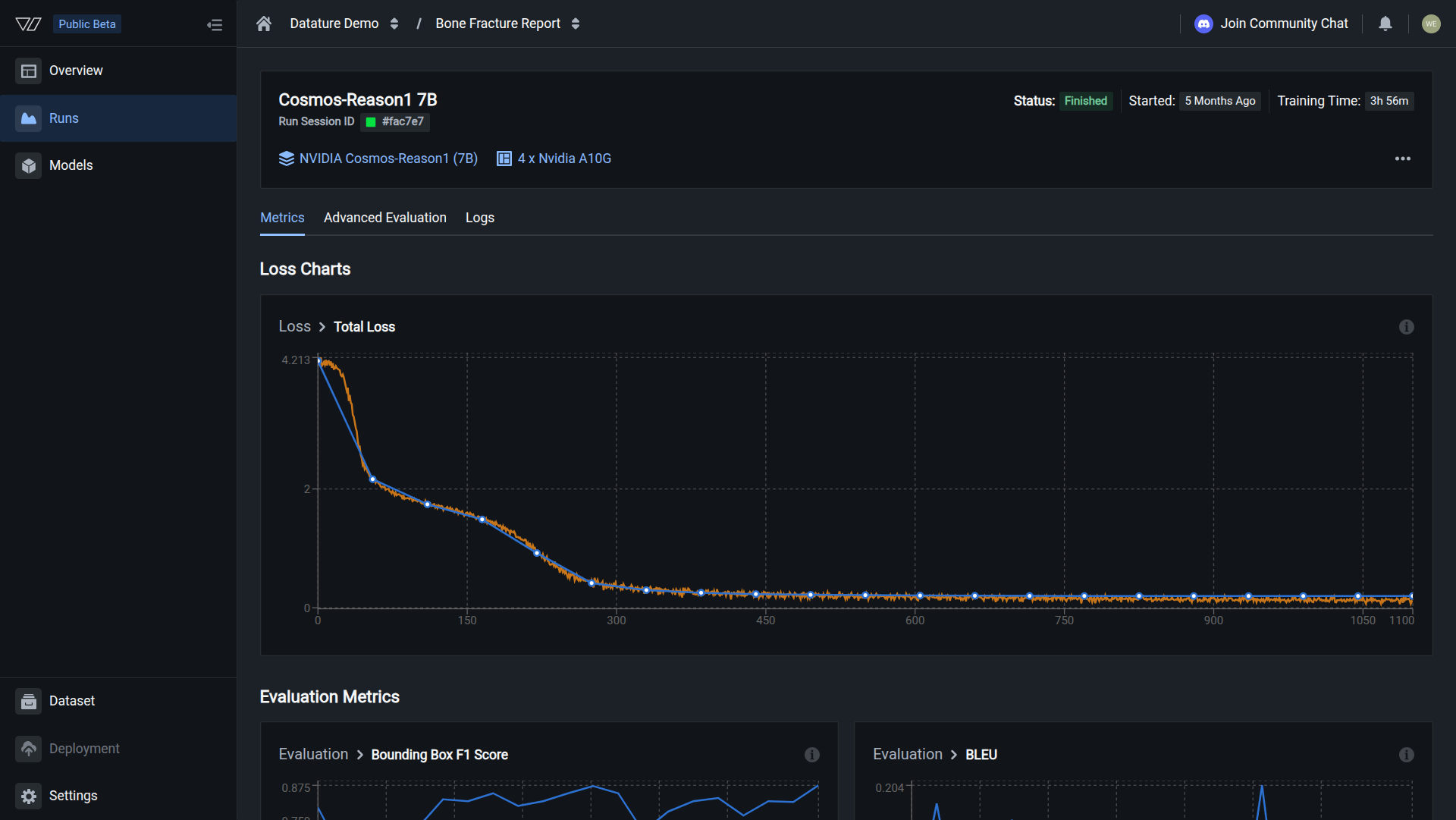 Training run dashboard showing status Running, a live loss curve, and hardware details including GPU type and count