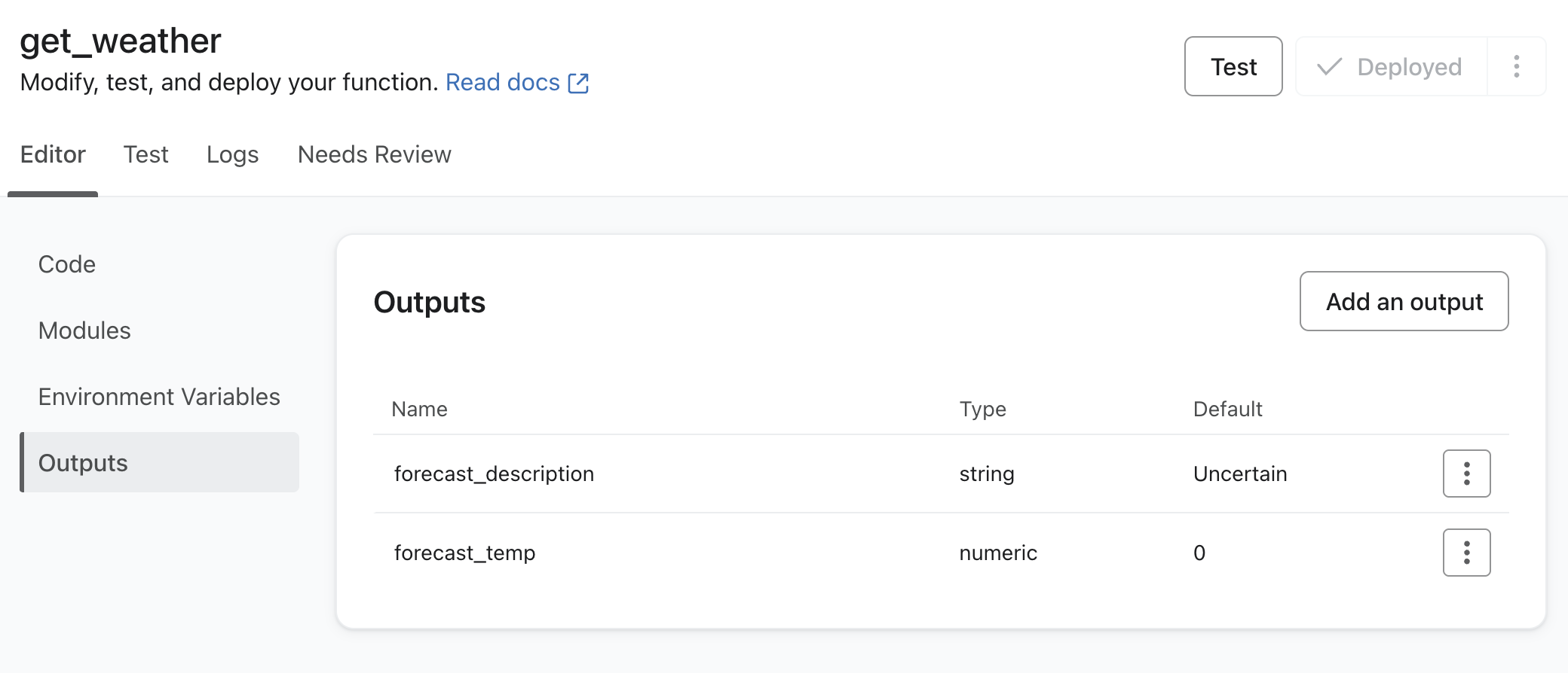 outputs page for custom actions