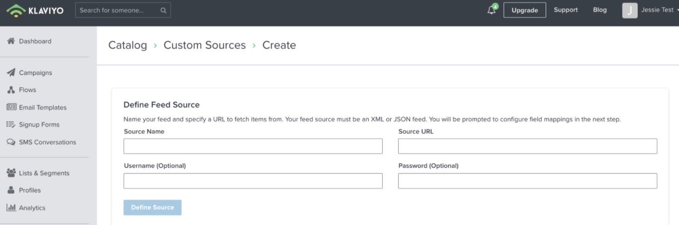Create custom source page in Klaviyo with feed source setting fields and Define Source button in blue at the bottom