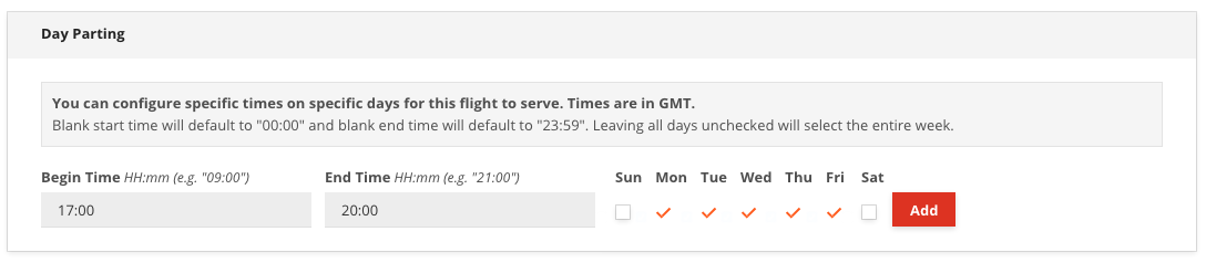 Adding a flight's first day part. To add this day part, click the "Add" button.