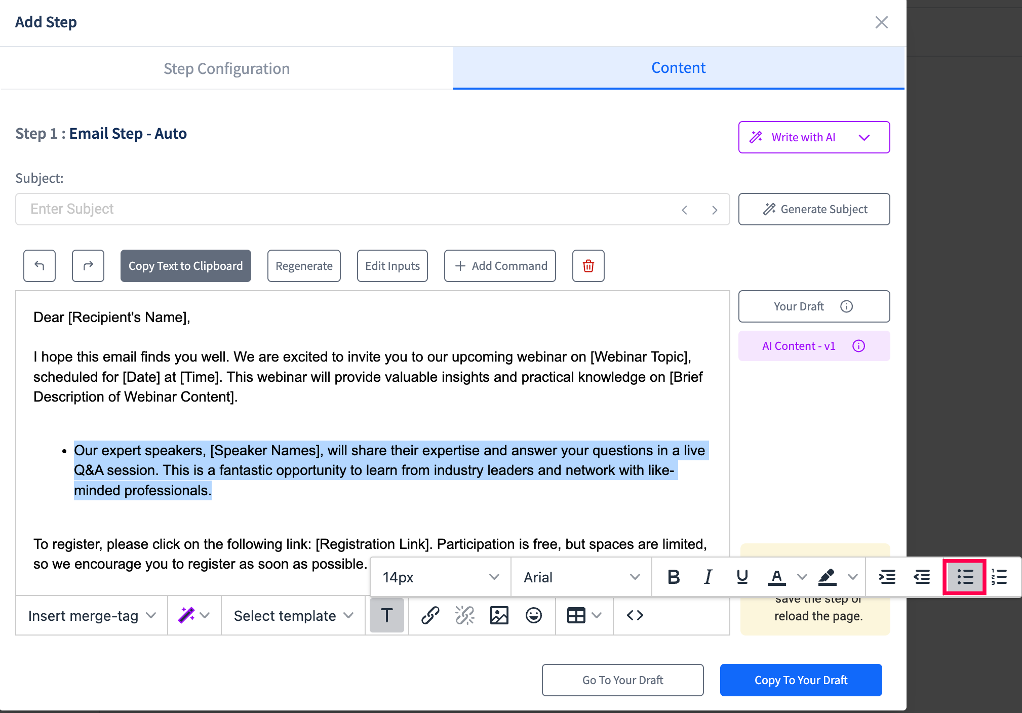 Email formatting options - how to make bullet points and numbered lists in SmartReach