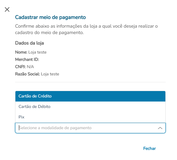 Backoffice escolher a modalidade de pagamento