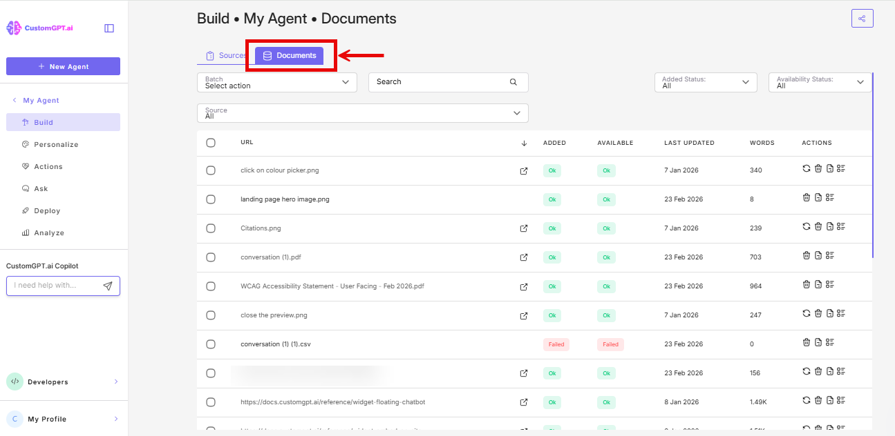 Screenshot: Documents tab on the Build page