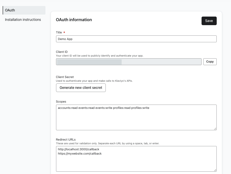 Demo app page showing OAuth settings including Redirect URLs