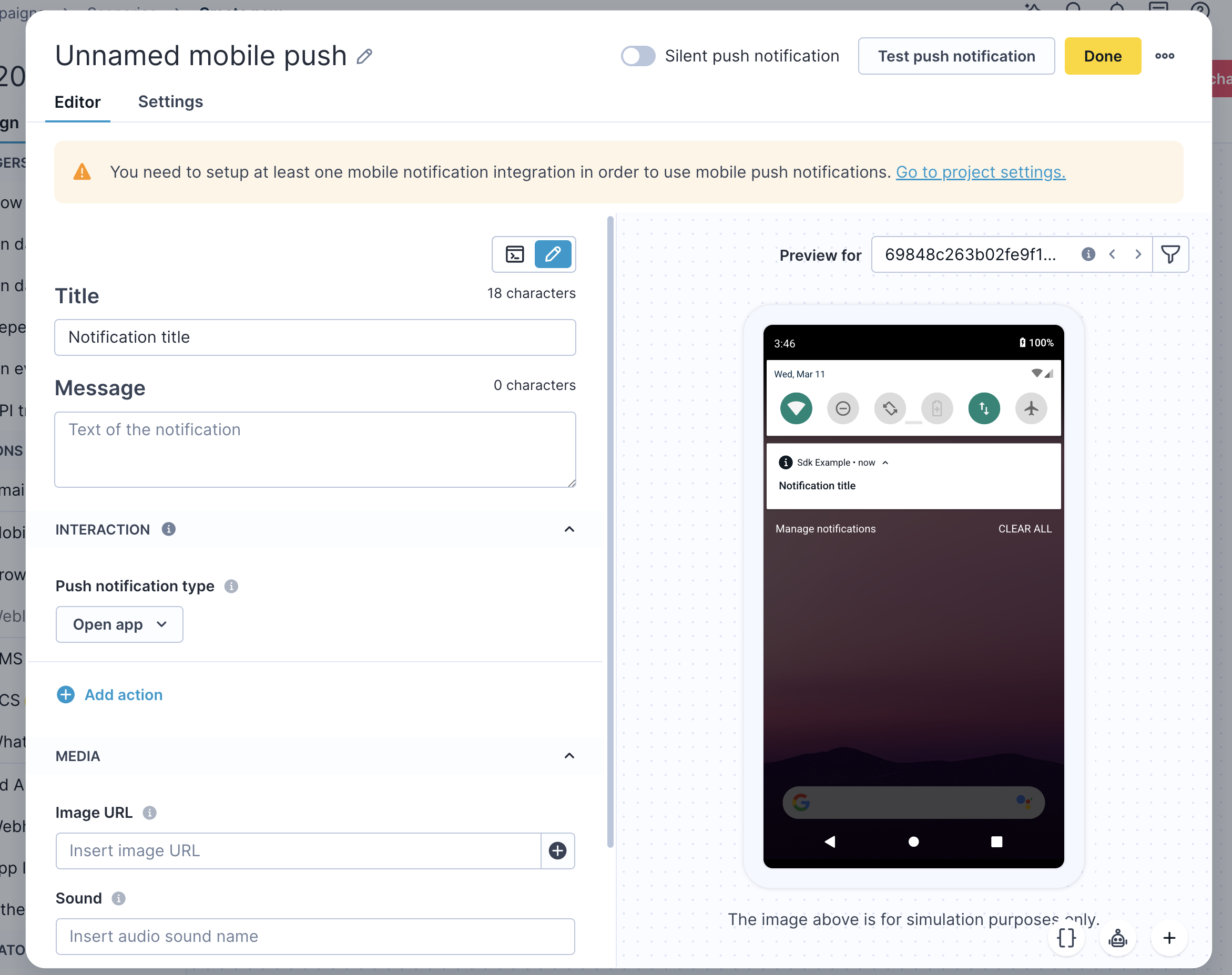 Mobile push notification visual editor