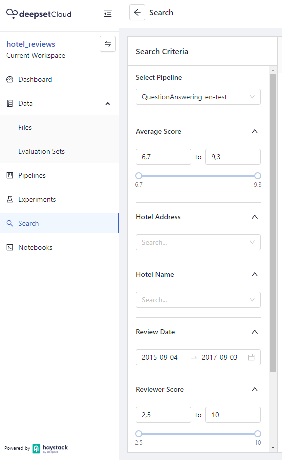 The hotel_reviews workspace with the search open and the search filters displayed.