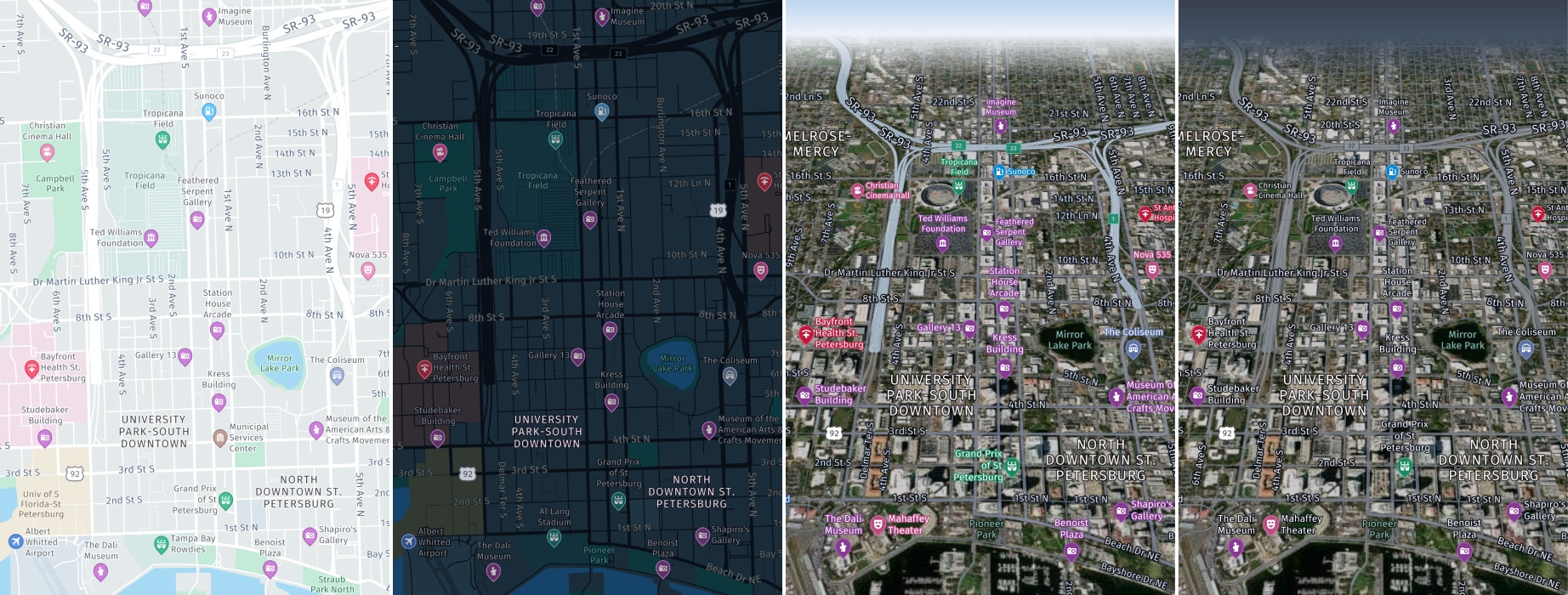 From left to right: MapScheme.liteDay, MapScheme.liteNight, MapScheme.liteHybridDay, MapScheme.liteHybridNight