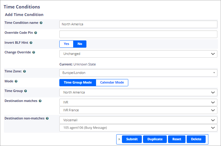 Screenshot of the **Time Conditions** page