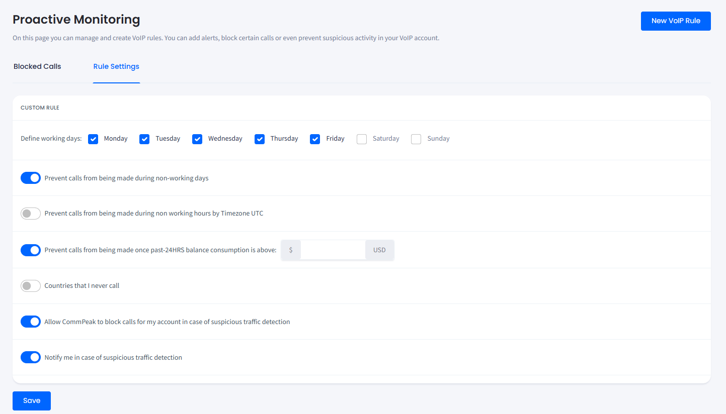 Screenshot of the working days schedule