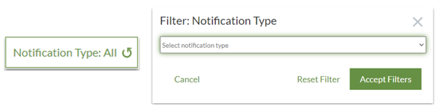 Left: Shows the Notification Type Selected for the Report
Right: Shows the Notification Type Filter Dialog Box