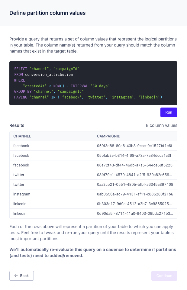 Metaplane UI for defining partition tests with custom SQL