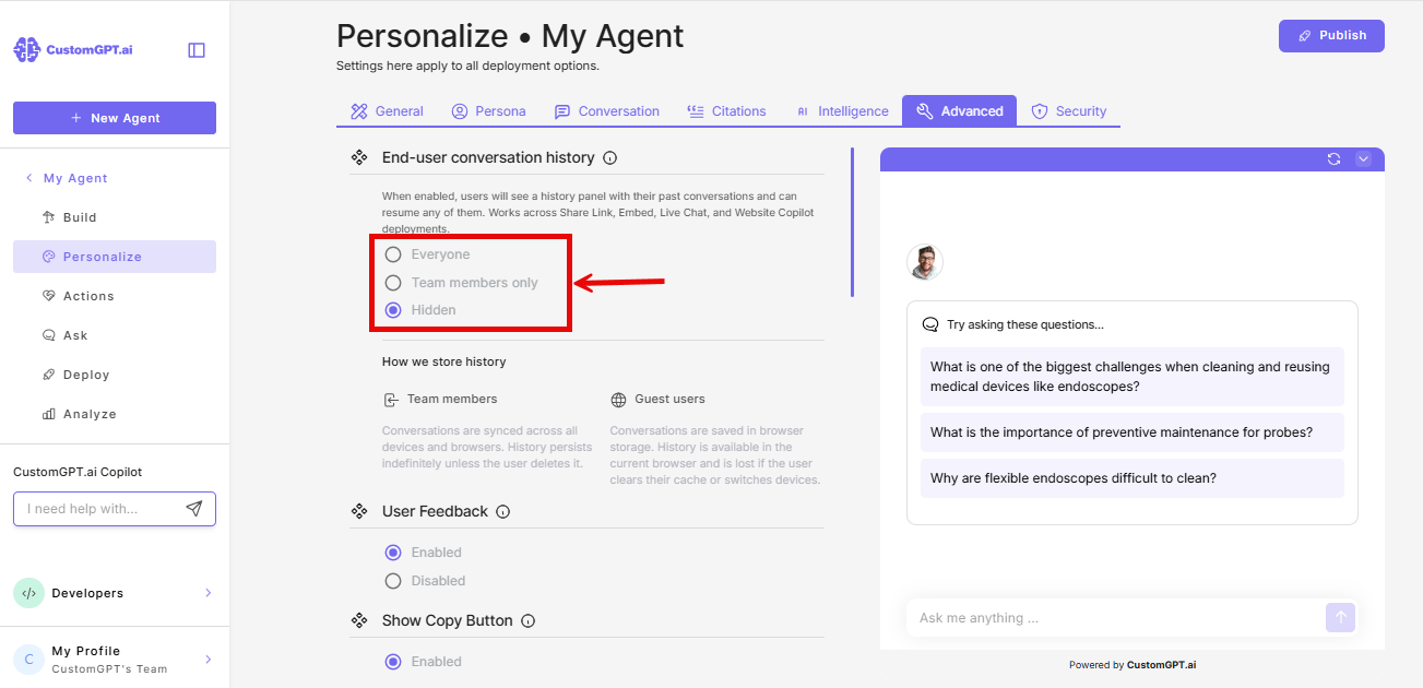 Options with radio buttons under End-user conversation history