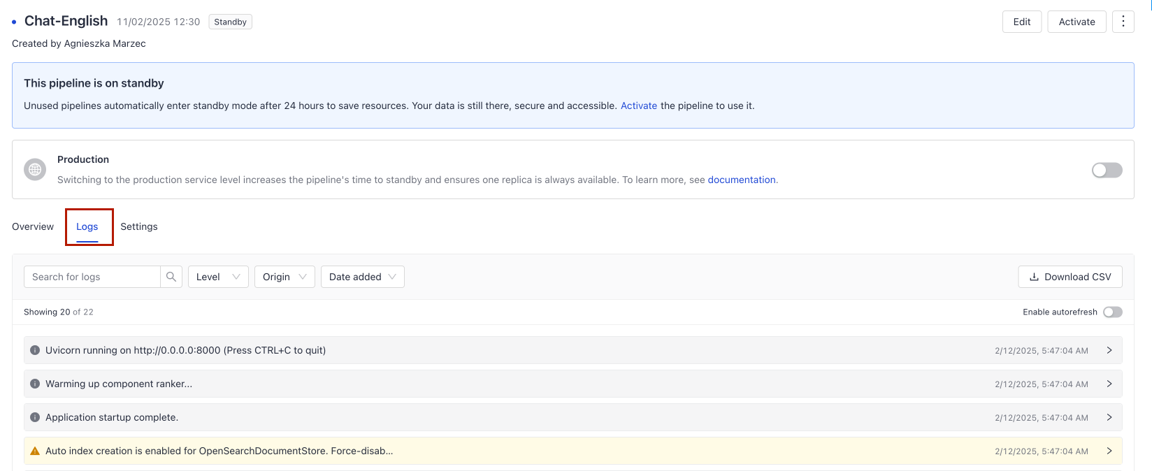 The Pipeline Detalis page with the Logs tab open showing the log filters and download option.