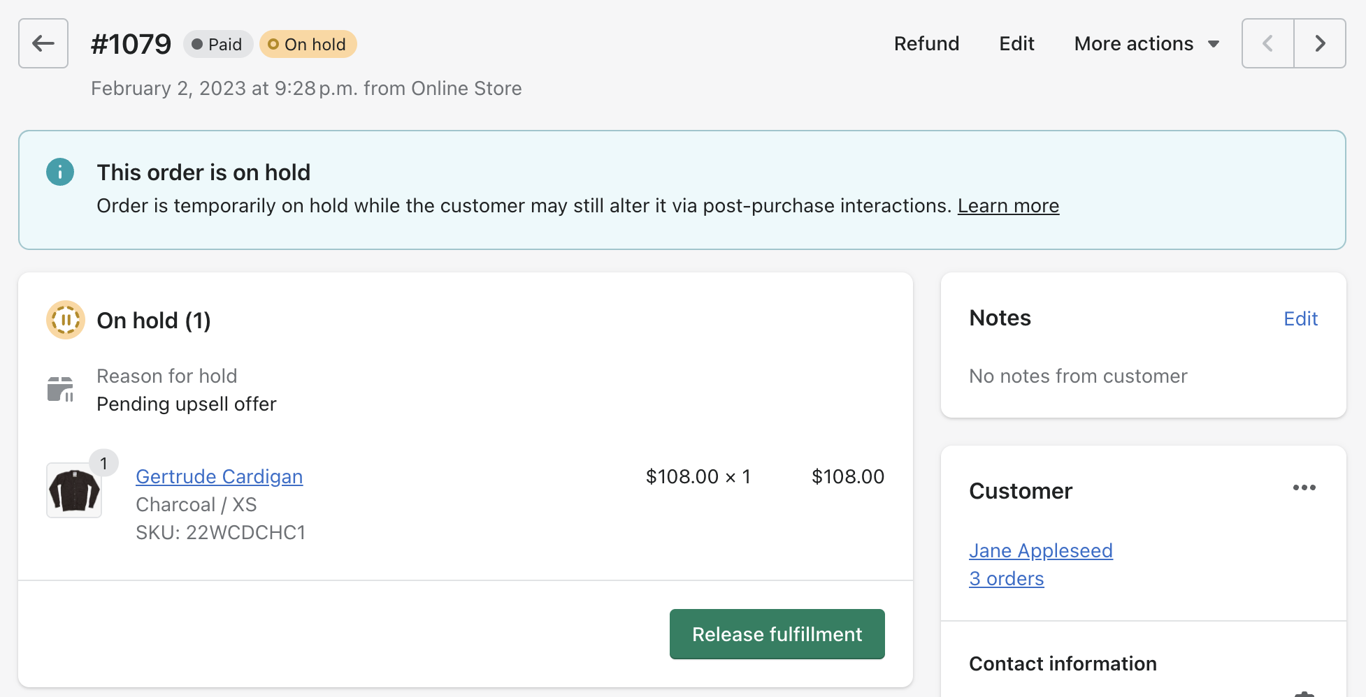 Detailed view of an order with a post-purchase fulfillment hold
