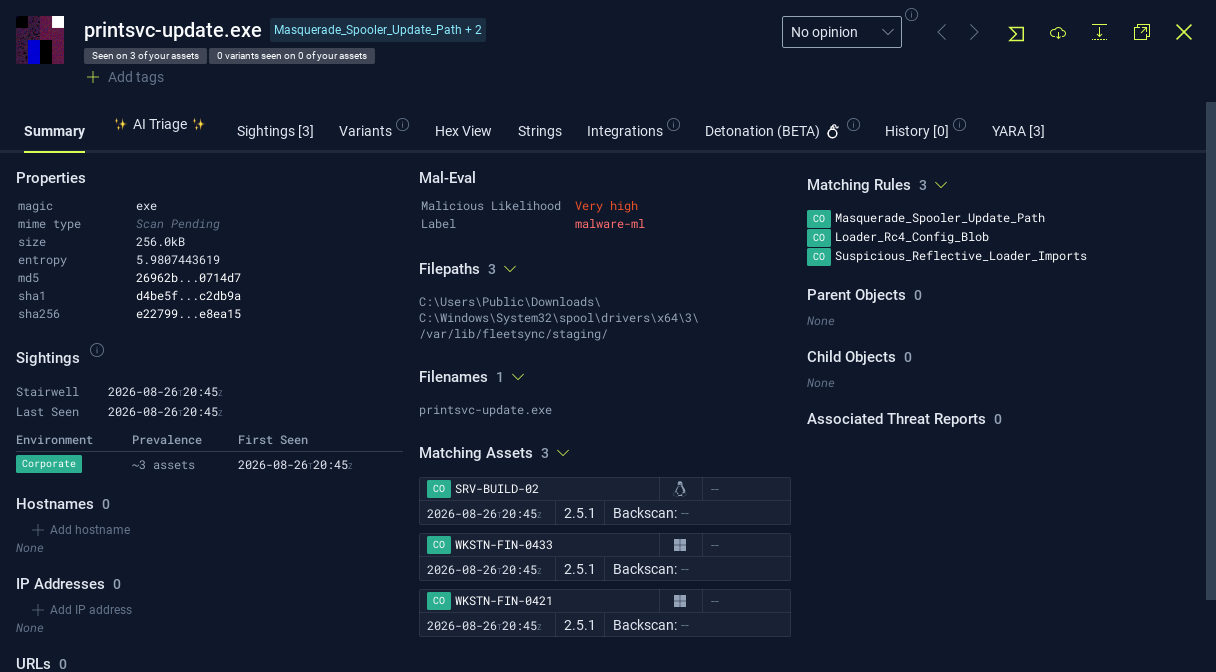 The Stairwell object panel Summary tab, showing the verdict, three matching YARA rules, sightings with prevalence, file paths, and the three assets holding the file