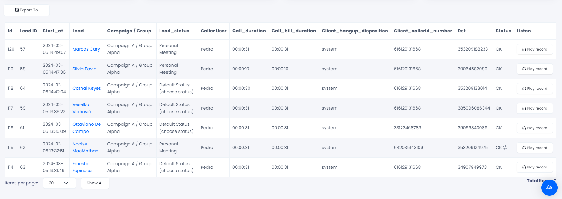 Screenshot of the teport columns example