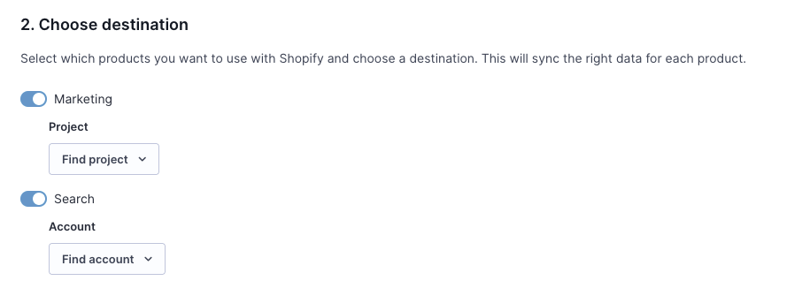 Destination selection toggles and dropdowns
