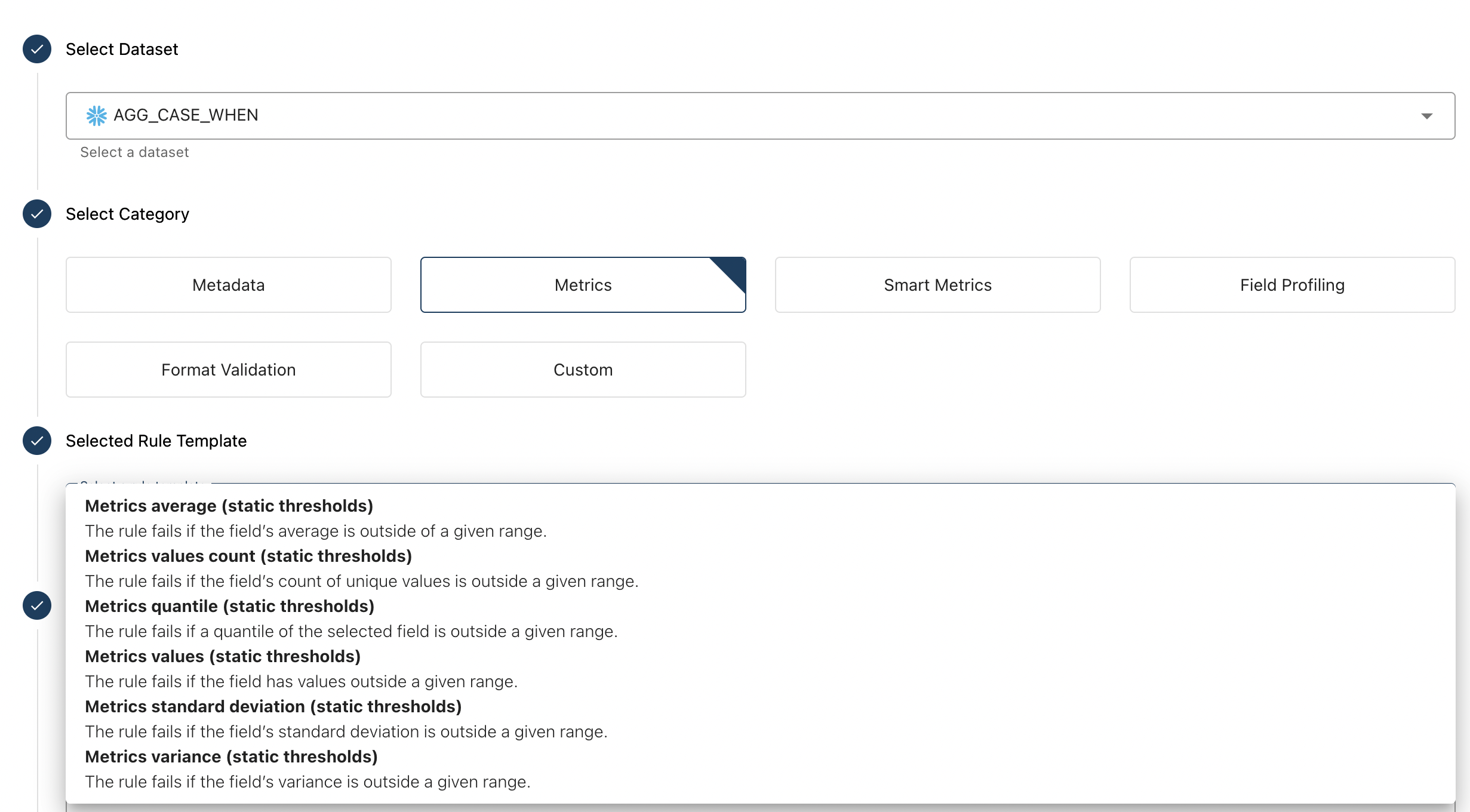 Selection of table and monitoring template